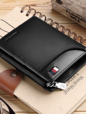Men Black Genuine Leather Wallet – Slim Zip Design