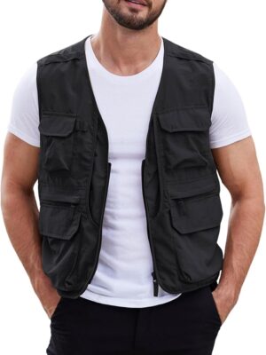 Men wearing black utility vest with multiple cargo pockets