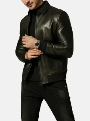 Men’s Classic Black Leather Bomber Jacket