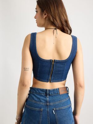 Women’s blue denim corset crop top with square neckline