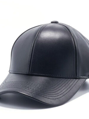 Men wearing a black genuine leather baseball cap with a classic curved visor