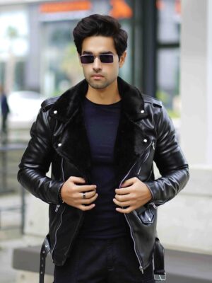 Men’s Black Leather Biker Jacket with Faux Fur Collar