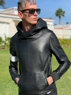 Men’s Black Leather Hoodie – Custom Leather Creations