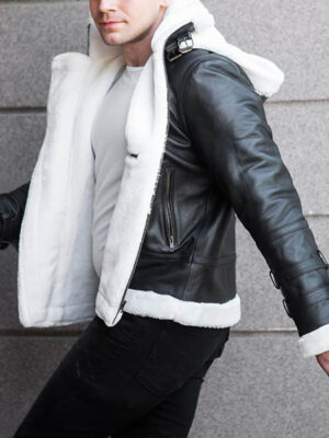 Men wearing black shearling leather jacket with white fur lining
