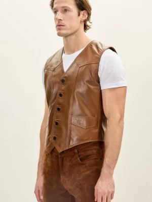 Men’s Brown Leather Vest | Classic Button Front Waistcoat