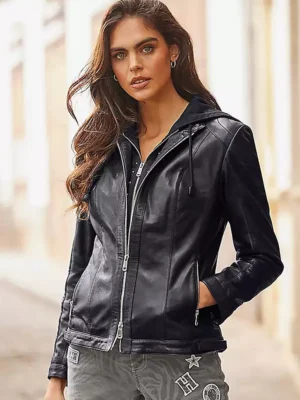 Women’s Black Leather Bomber Jacket with Removable Hoodie
