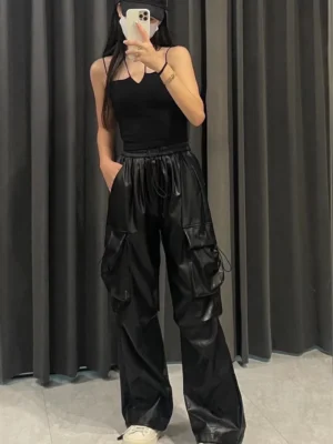 Women’s Black Faux Leather Cargo Pants