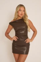 Women’s Brown Faux Leather One-Shoulder Mini Dress