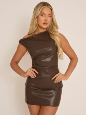 Women’s Brown Faux Leather One-Shoulder Mini Dress