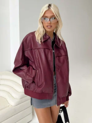 Women’s Burgundy Leather Jacket | Oversized Zip-Up Style