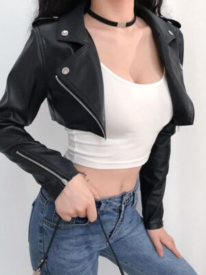 Women’s Black Cropped Biker Leather Jacket